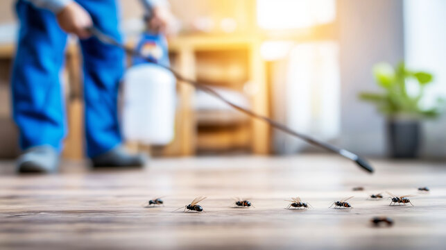 Professional exterminator treating a home pest problem, spraying crawling and flying insects on a domestic floor