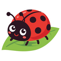 Fototapeta premium Playful Cute Ladybug with Green Leaf Vector Illustration for Eco Kids Brand. Vibrant ladybug character interacting with nature, featuring a bright red shell and friendly kawaii face. High-quality flat
