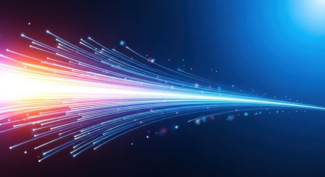 An abstract futuristic technology background features glowing blue motion lines and waves of energy across a dark space backdrop for a bright 3D fractal art wallpaper