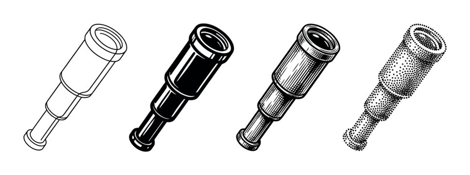 Set of four vintage spyglass illustrations showing different artistic styles including line art, silhouette, engraving, and stippling for nautical or exploration themes