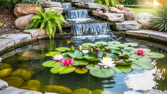 A serene garden pond scene featuring a multi-tiered waterfall cascading over large gray rocks