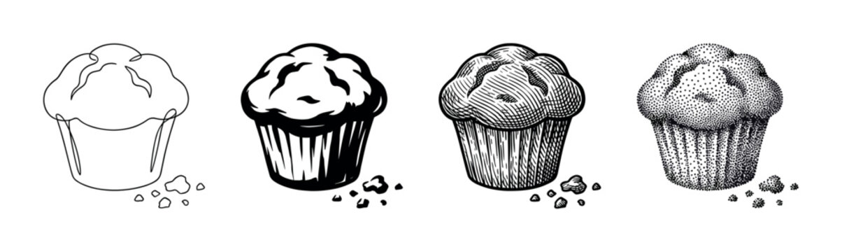 Collection of four muffin illustrations rendered in various black and white artistic styles from simple line art and graphic silhouette to detailed engraving and stippling