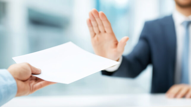 Businessman refusing document, rejecting proposal, declining an offer or deal by holding hand up to stop paper