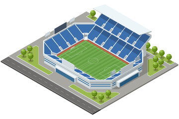 Isometric football stadium arena with green soccer field, tribune seat and sport infrastructure. Large arena prepared for professional championship match. Sport architecture and fan event location. © Golden Sikorka