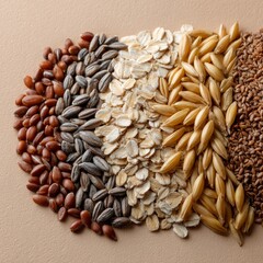Obraz premium Assorted grains and seeds arranged in gradient pattern on neutral background