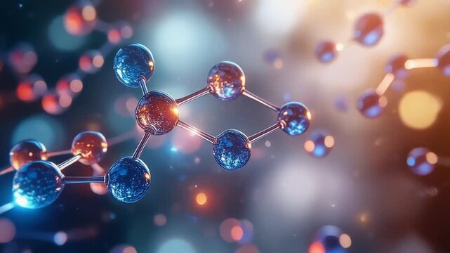Close up of blue and orange glowing molecular structure with abstract scientific background