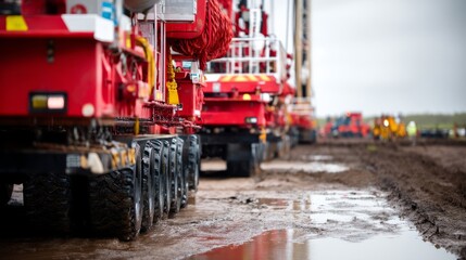 Large Vehicles on Construction Site Under Overcast Sky with Muddy Ground