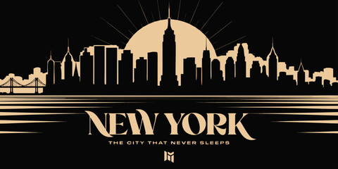 Naklejka premium USA, US, U.S, United States - Luxury Black & Gold New York Skyline Silhouette – Ultra‑Wide Vector Poster Design | NYC USA Modern Cityscape Art