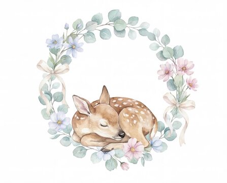 Animated watercolor of a cute baby deer fawn sleeping inside a floral wreath on a white background