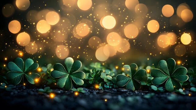 Shining shamrocks, gold bokeh.
