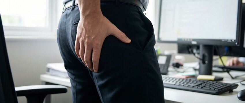 Office worker holding painful hip and buttock area, concept of office syndrome discomfort