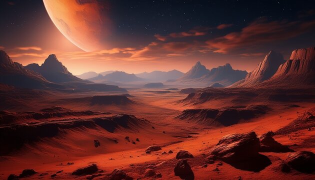 surreal martian landscape at night featuring barren desert terrain rocky formations and an otherworldly atmosphere the lifeless red planet under a dark sky evokes a sense of mystery and exploration