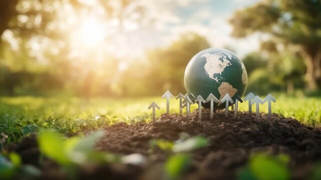 A Call to Earth Conservation: Earth globe nestled on fresh soil, encompassed by symbolic arrows, bathed in the radiant light of dawn, symbolizing the crucial need for global environmental stewardship.