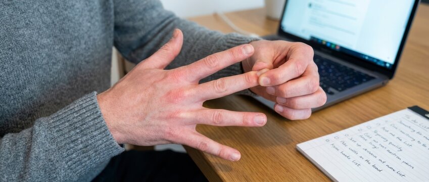 Office worker touching painful finger at desk, concept of trigger finger and office syndrome