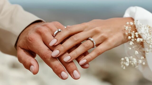 Close-up of hands intertwined, showcasing rings, with soft floral accents