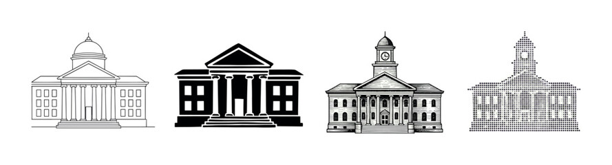 Fototapeta premium Set of four government building icons in various graphic styles including line art, silhouette, engraving, and dotted pixel art representing classical architecture