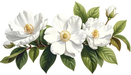 Obraz premium Elegant White Magnolia Blossoms with Lush Green Leaves Illustration.
