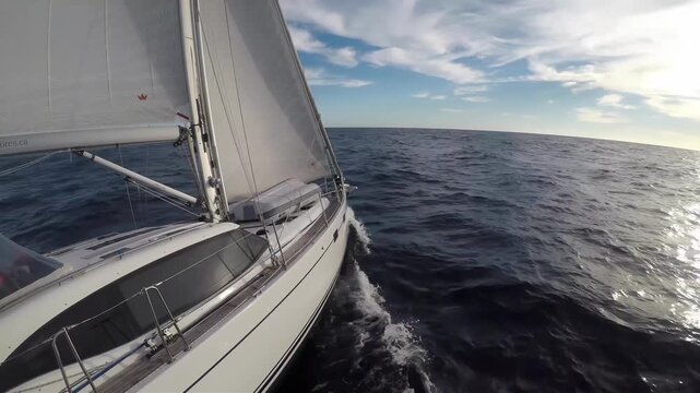 Sailing on the open ocean with white sails and blue sky on a sunny day