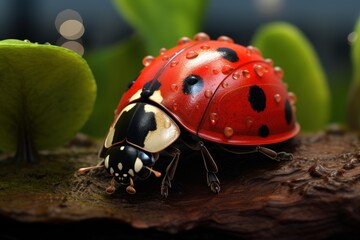 Fototapeta premium Ladybug walking on a textured organic surface, surrounded by green leaves