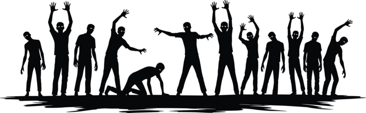 Black and white silhouettes of spooky zombies walking and reaching for Halloween horror designs creepy undead monsters group for apocalyptic and scary themes.