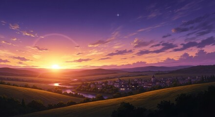 Sunset over the mountains with a long rural highway stretching toward the glowing horizon under a colorful sky