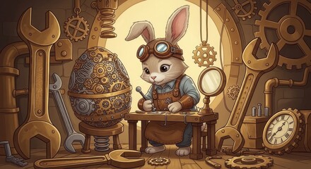 Steampunk rabbit artisan crafting a mechanical clockwork egg for workshop background and banner design