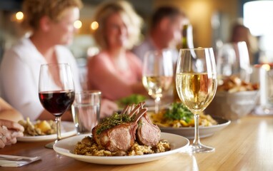 Obraz premium Elegant Dinner Setting with Rack of Lamb and Wine in Upscale Restaurant