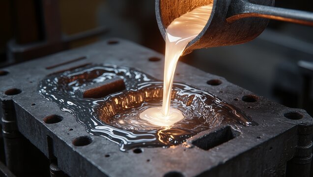 Molten metal poured from crucible into refractory mold, highlighting high temperature casting process and precision metal foundry production