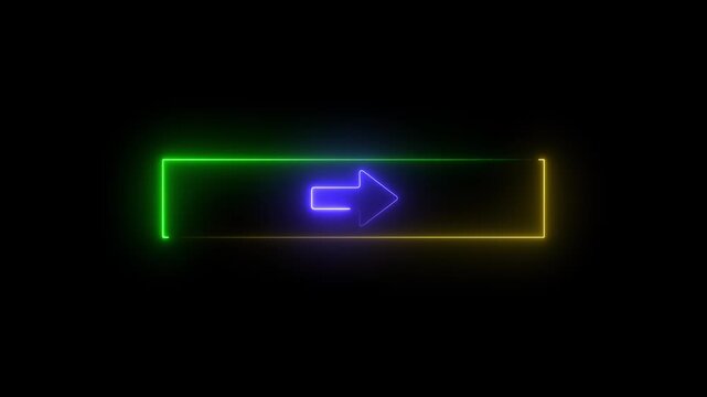 Neon arrow button glowing rectangle with blue pointer and colorful outline on dark background technology and user interface