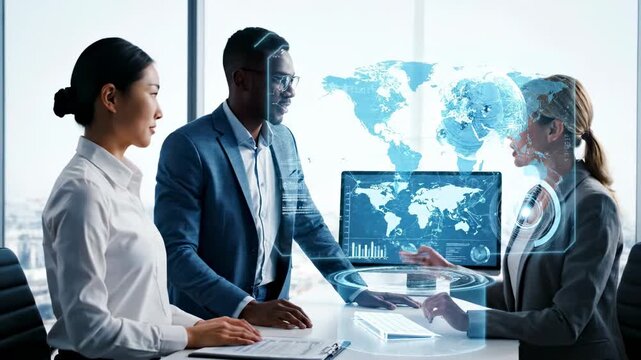 Business team discusses holographic financial charts in modern office while colleague joins via videoconference screen