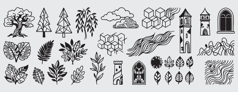 This item is a nail art stamping plate, likely from the brand Dixie Plates or similar, featuring various foliage, tree, and architectural designs. speech bubble comic