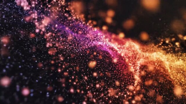 Vibrant purple and orange particles scattered across a dark background with a shallow depth of field, creating a sense of movement and energy.