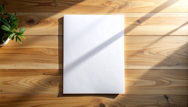 Blank white paper mockup on wooden desk with natural light shadow.
