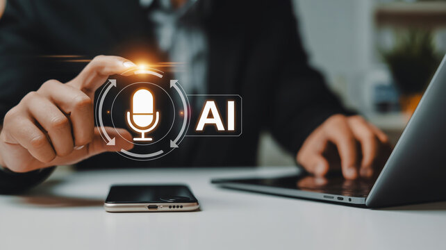 Hand holding AI microphone icon with circular arrows and text AI artificial intelligence voice recognition