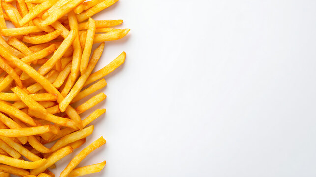Scattered French fries on a plain white surface from a top-down viewpoint