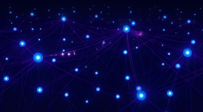 Abstract network of interconnected blue glowing nodes with purple lines on dark background