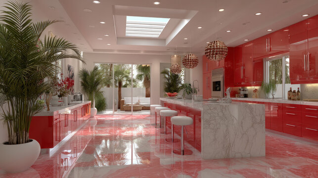 Red kitchen interior with glossy cabinets