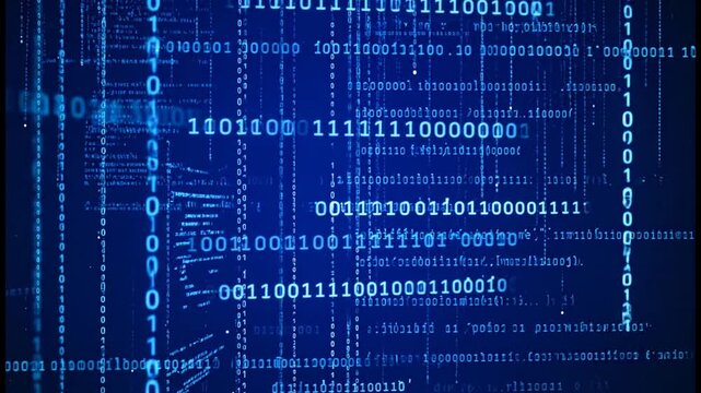 Binary code matrix background with digital data stream.