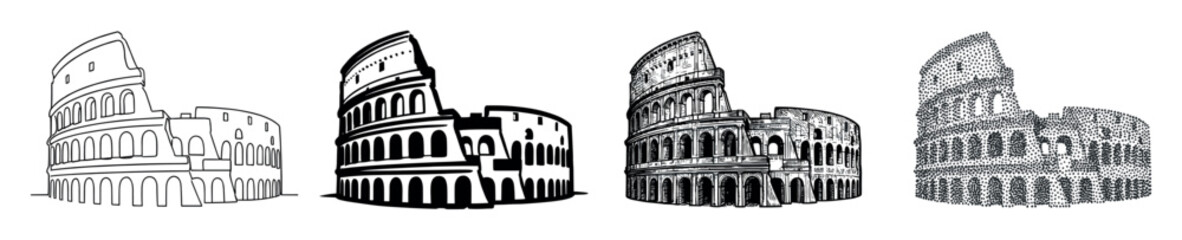 Naklejka premium Set of four ancient amphitheater illustrations in different artistic styles, including line art, silhouette, detailed engraving, and stippling for a historical concept