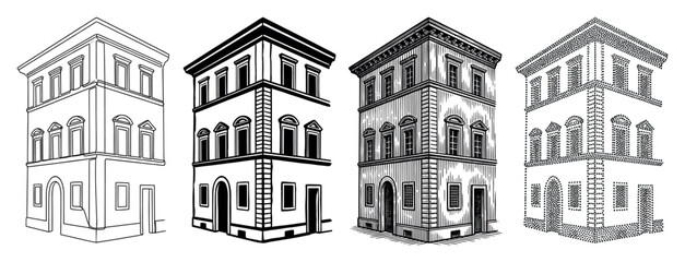 Set of four architectural illustrations showing a historic building in various artistic styles including line art, high contrast, engraving, and stippling from a corner perspective