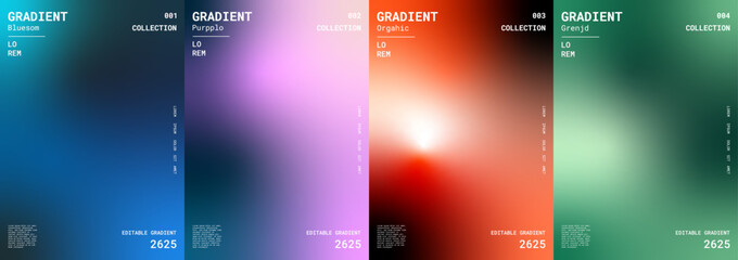 Creative gradient event poster collection with bold text layouts and dynamic abstract backgrounds professional vector designs for branding and advertising