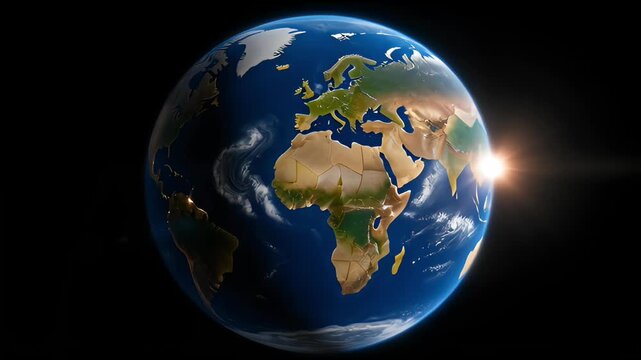 Rotating planet earth in space showing a world globe with sun sunrise in orbit across the universe galaxy
