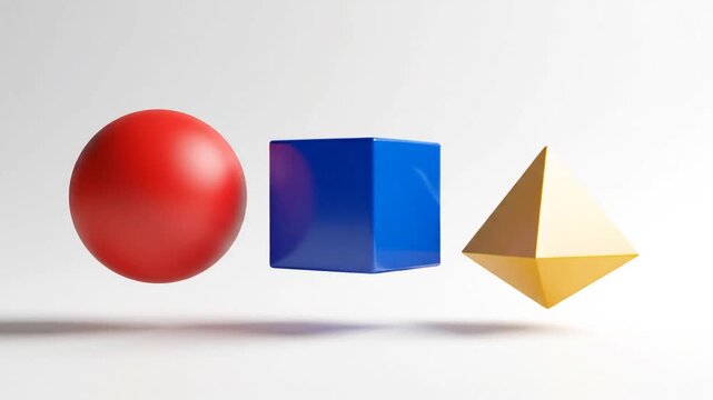 Three-dimensional geometric shapes, a red sphere, blue cube, and gold pyramid, on a white surface with subtle shadows, conveying a sense of simplicity and minimalism.