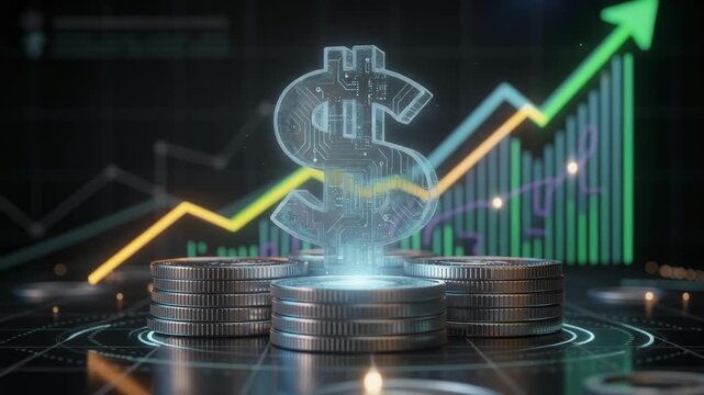 Digital dollar symbol above stacked coins with rising financial graph background for investment growth