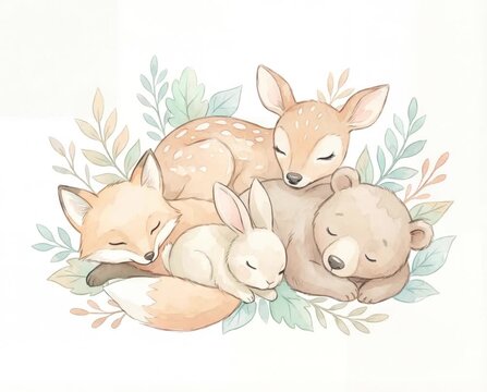 Animated watercolor of a group of baby forest animals sleeping together on a white background