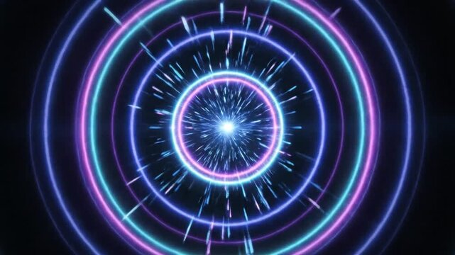 Neon-lit circular pattern with pink and blue concentric circles and white lines on a black background with a futuristic mood.