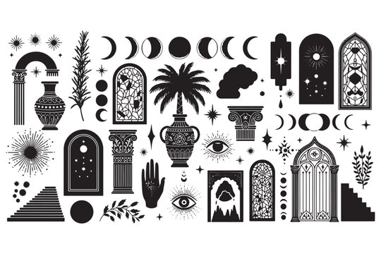 A mystical collection of black and white illustrations featuring various symbols and objects.