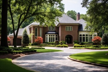 Obraz premium Luxury brick mansion with an expansive landscaped garden and circular paver driveway on a sunny day