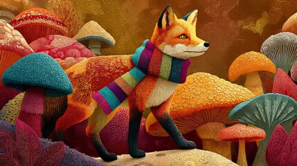 Fototapeta premium Quirky Fox in Striped Scarf Among Colorful Mushrooms Digital Art