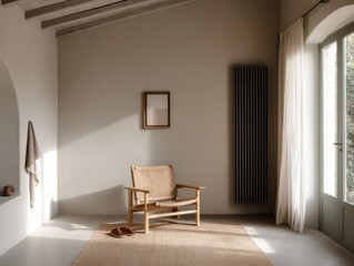 Fototapeta premium Minimalist room with wooden chair and natural light. Rug rests beneath the chair, adding warmth. Large window lets in soft, diffused daylight. Dark radiator stands beside the window